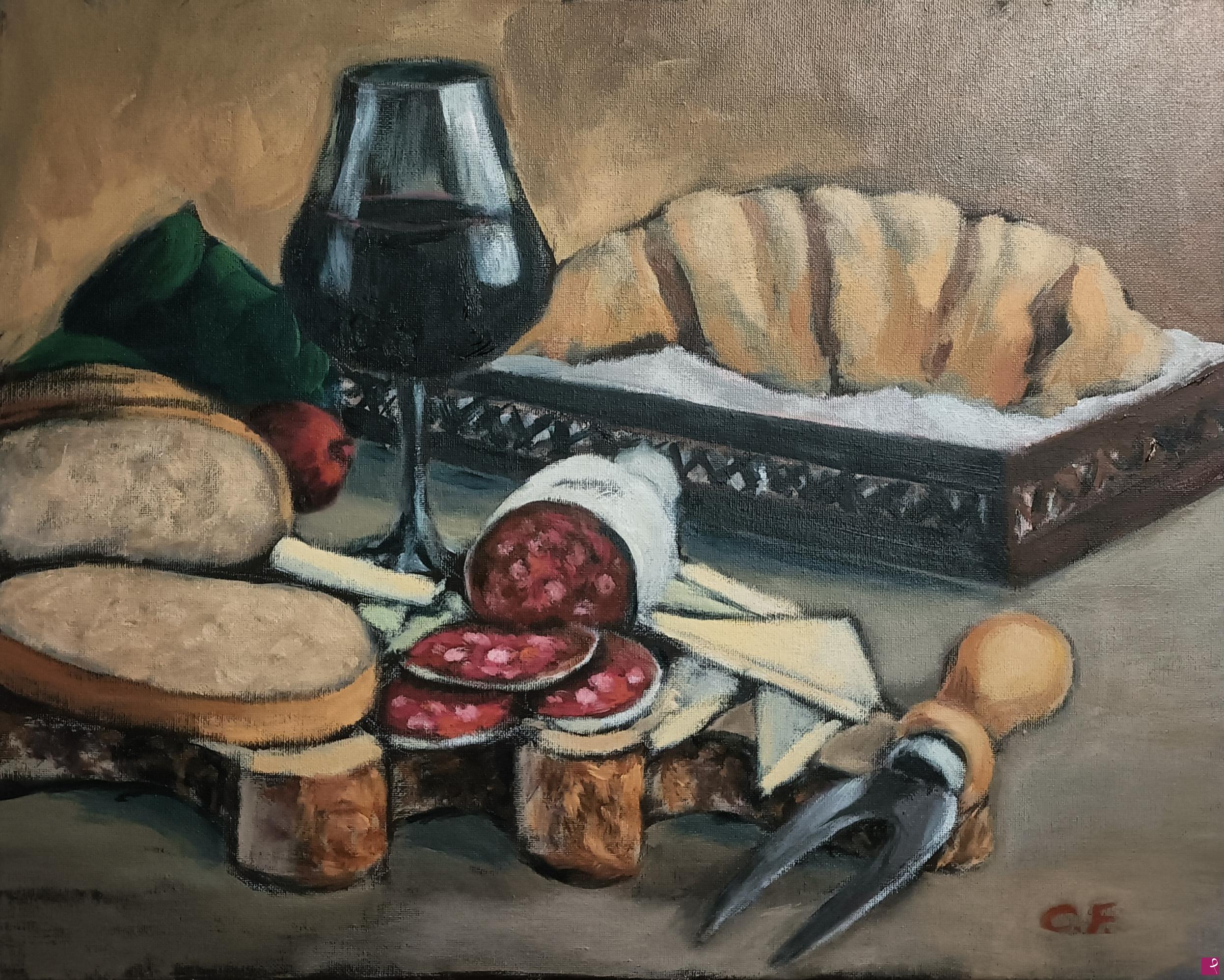 quadri in vendita online - Natura morta con vino, salame e formaggio 