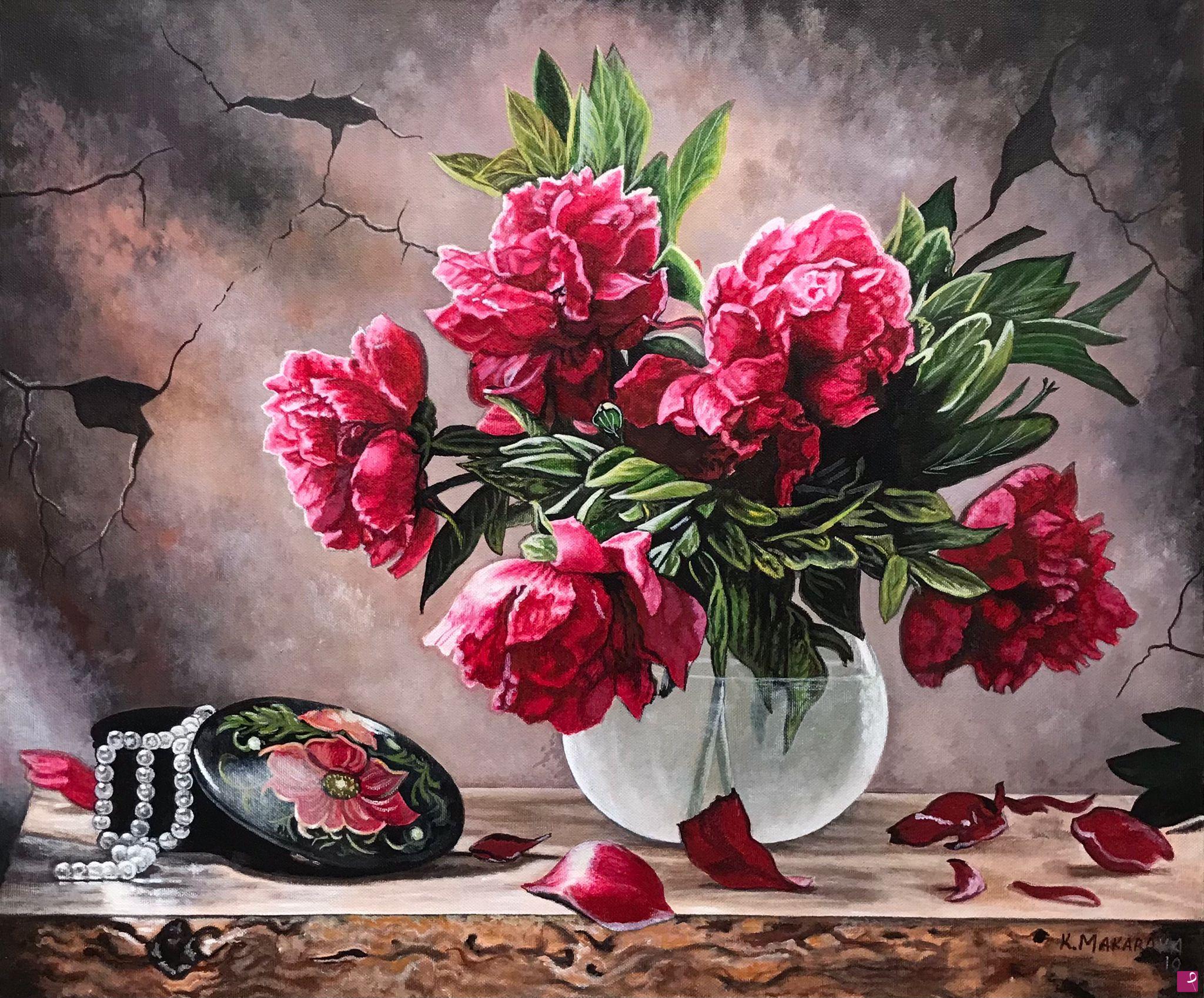 quadri in vendita online - Natura morta floreale in stile antico con peonie rosse 