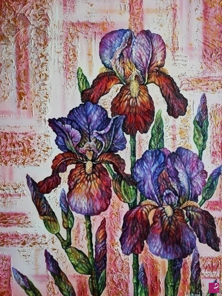 disponibile quadro - Natura morta moderna con fiori di Iris bordeaux -  Ludmilla | PitturiAmo® APS
