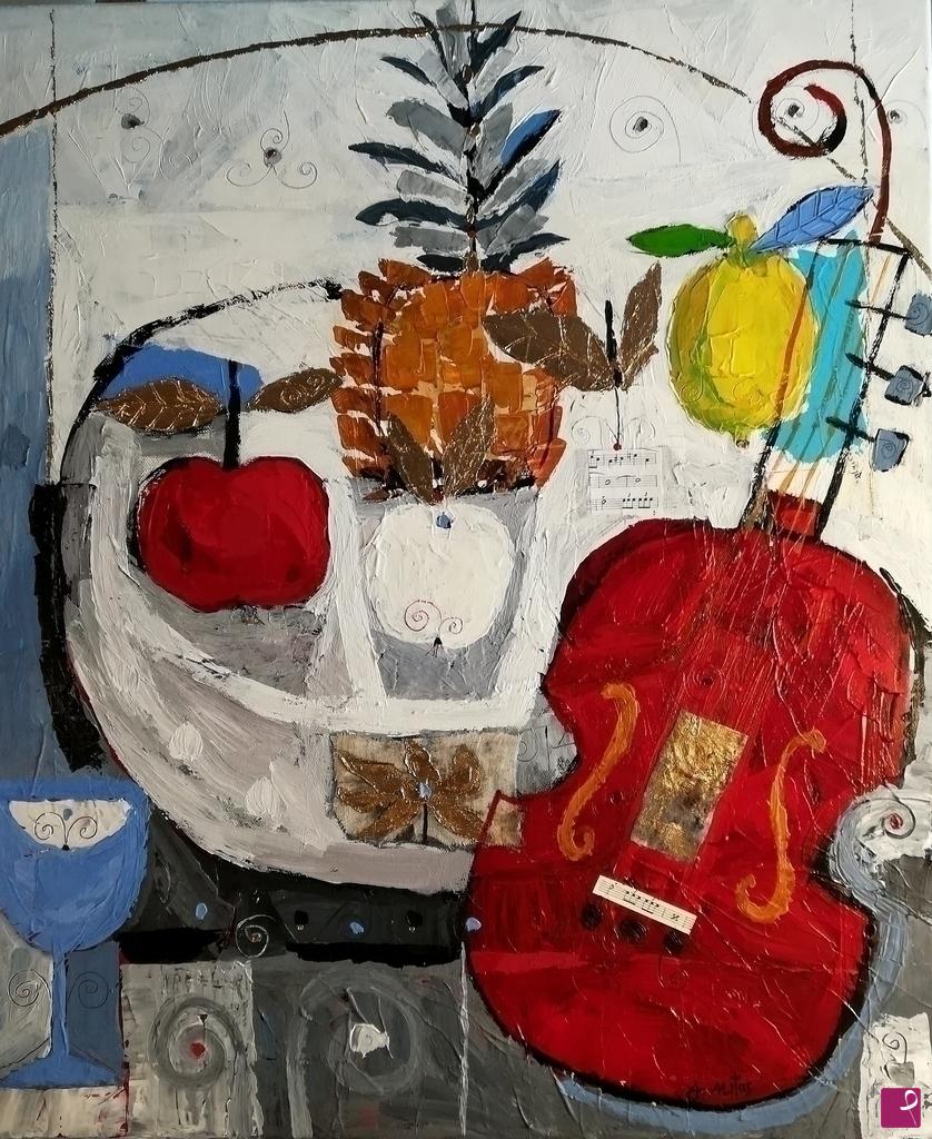 quadri in vendita online - Naturamorta con violino rosso e ananas 