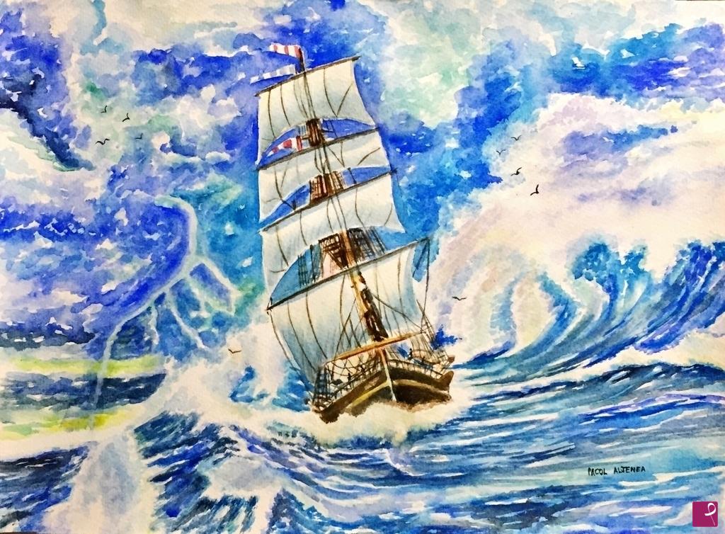 quadri in vendita online - Nave nelle onde furiose