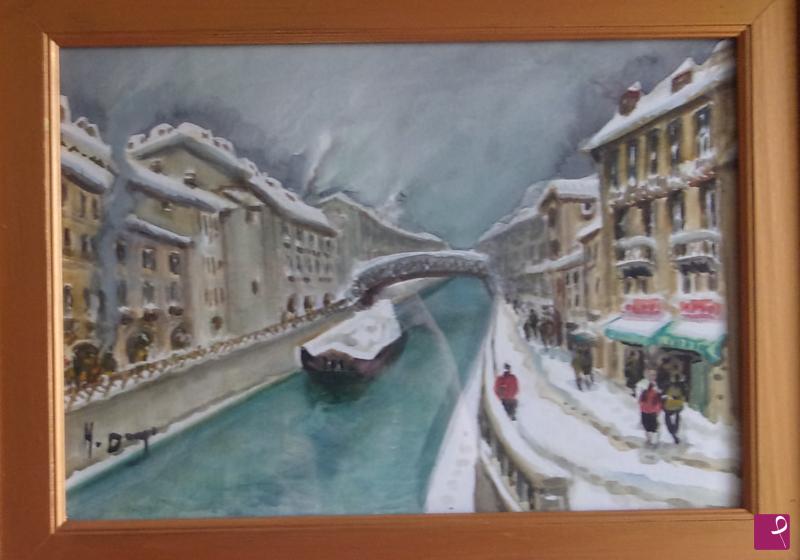 quadri in vendita online - Naviglio con la neve a Milano