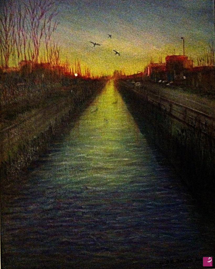 quadri in vendita online - Naviglio  della  Martesana  al  tramonto-tratto  dalla  foto  di  Fabio Acquafredda