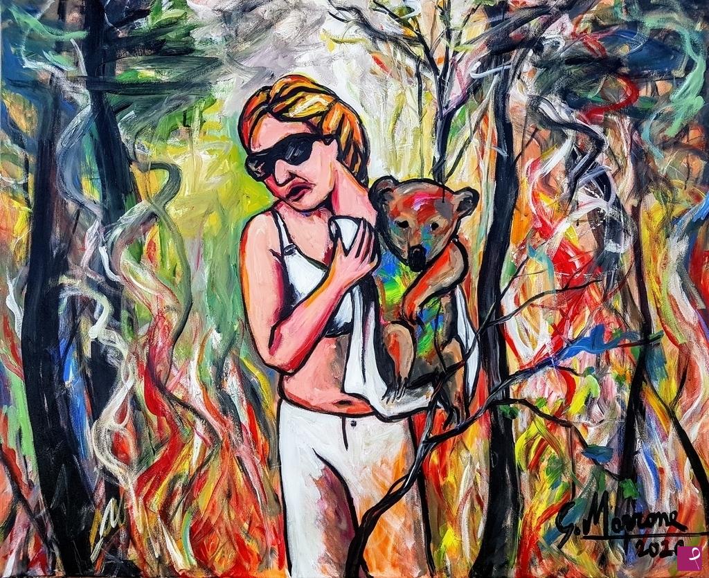 quadri in vendita online - "Nel bosco in fiamme per salvare un koala"