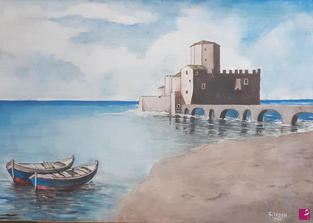 quadri in vendita online - Nettuno torre Astura con barche (2021)