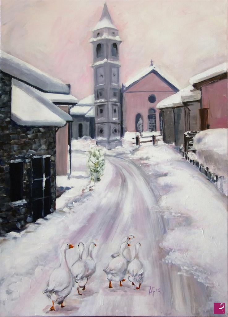 quadri in vendita online - Neve, paesino della Bassa con oche a passeggio