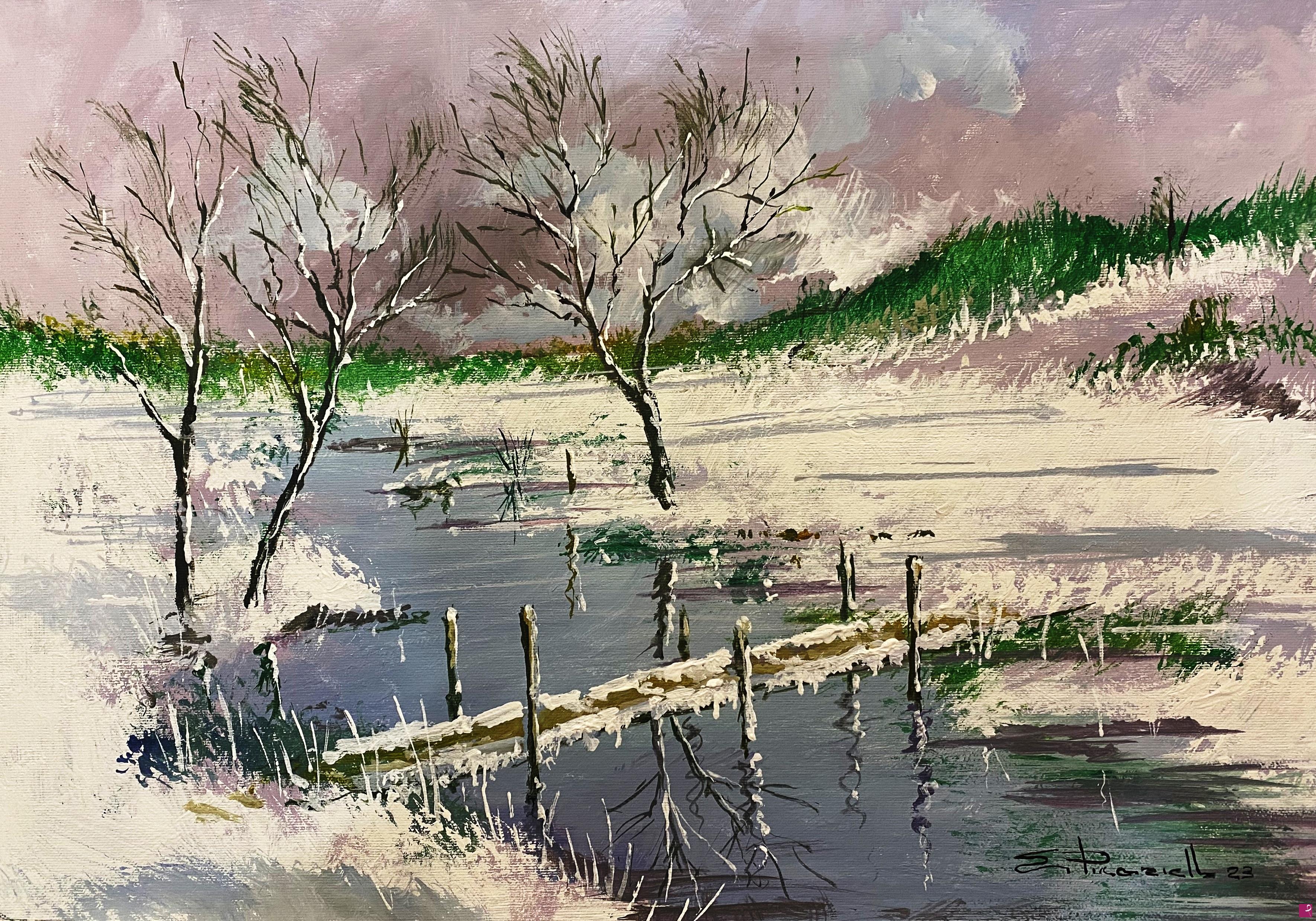 quadri in vendita online - Nevicata giù al fiume
