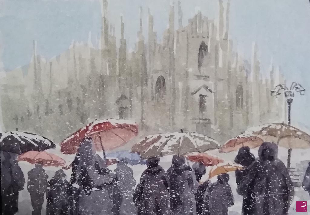 quadri in vendita online - Nevicata in Piazza del duomo 
