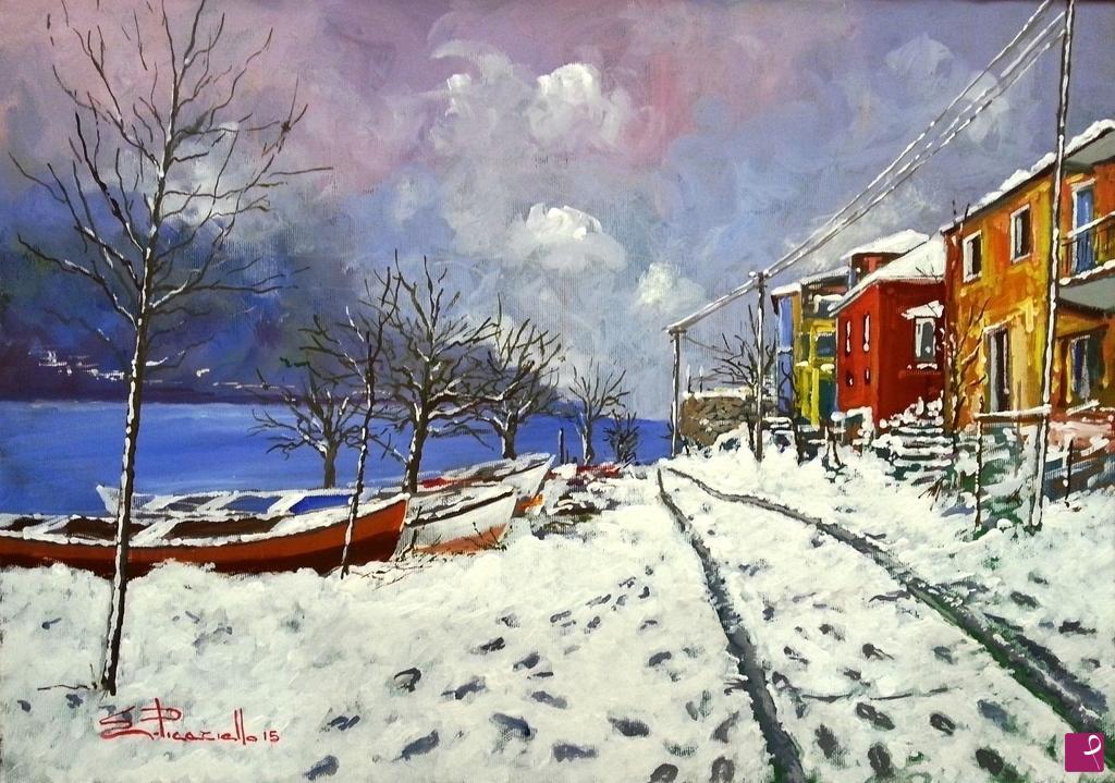 quadri in vendita online - Nevicata in riva al lago
