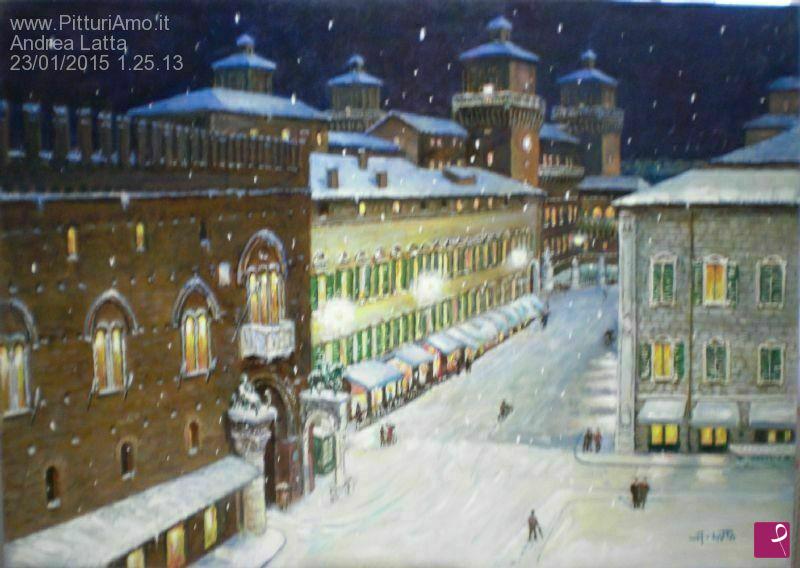 quadri in vendita online - Nevicata notturna sulla piazza