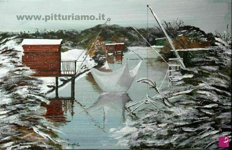 quadri in vendita online - Nevicata sui capanni di Milano Marittima