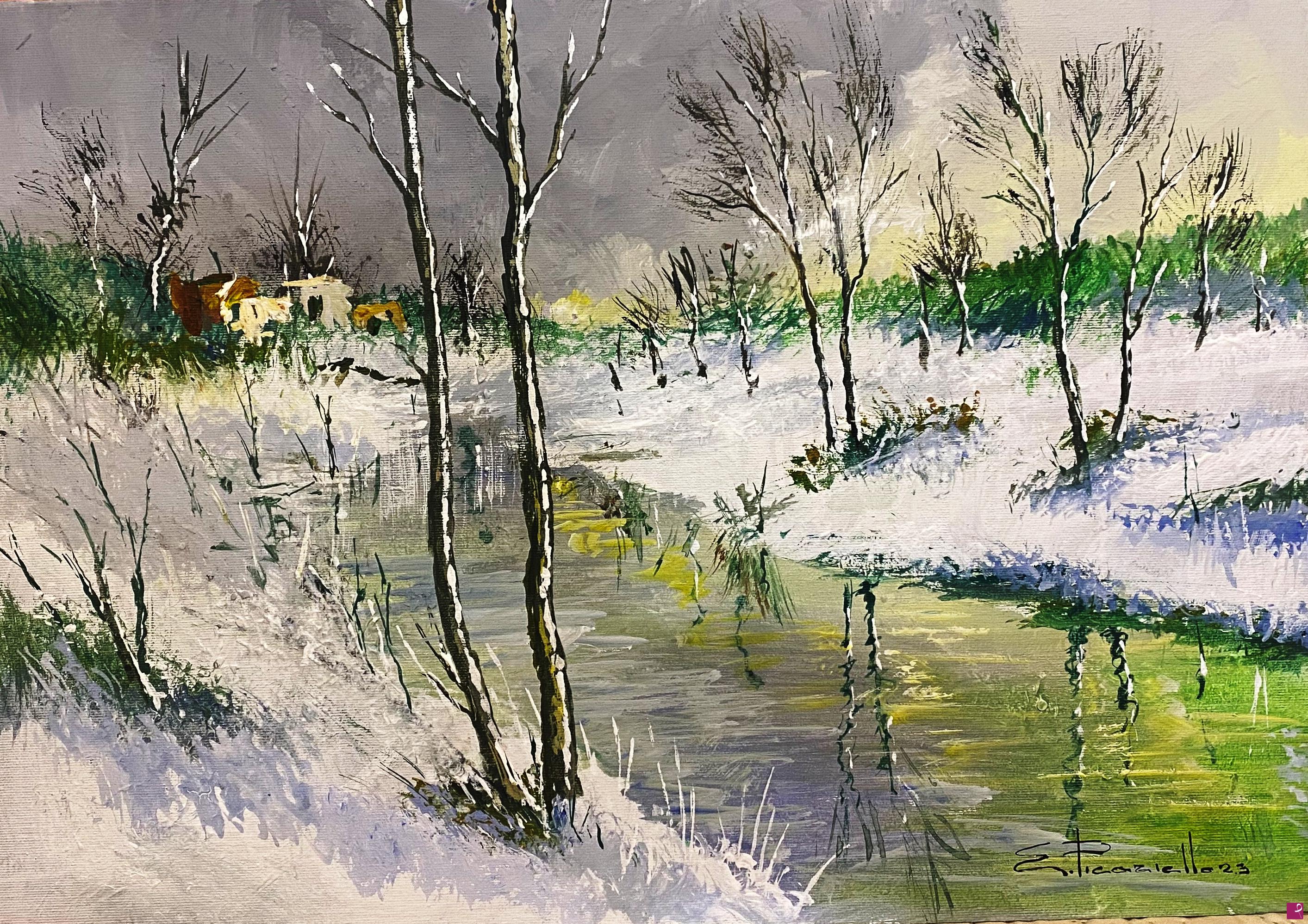 quadri in vendita online - Nevicata sul fiume