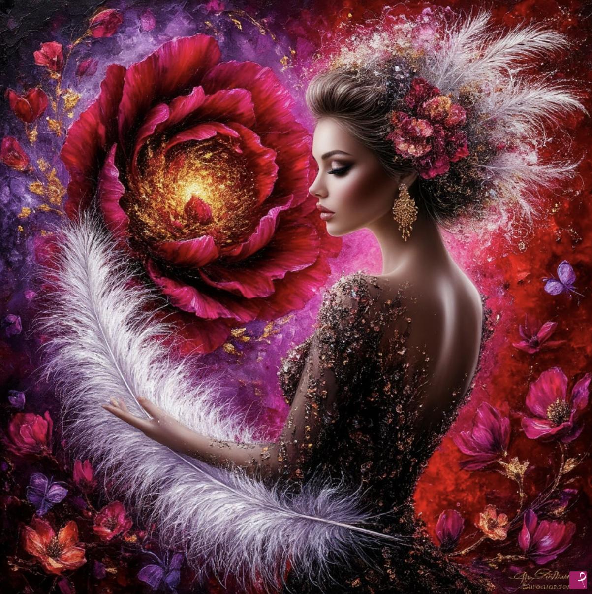quadri in vendita online - Nice girl and big flower 