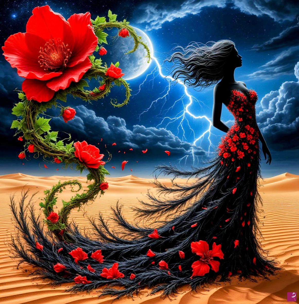 quadri in vendita online - Nice girl with big flower In desert 
