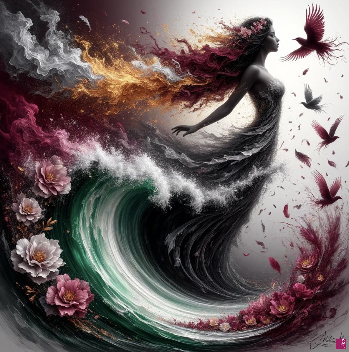 quadri in vendita online - Nice woman, birds, sea weaves 