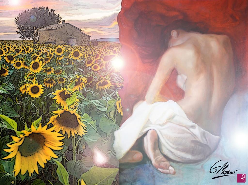 quadri in vendita online - "NUDA con i Girasoli ...nel caldo dell'Amore in Estate"