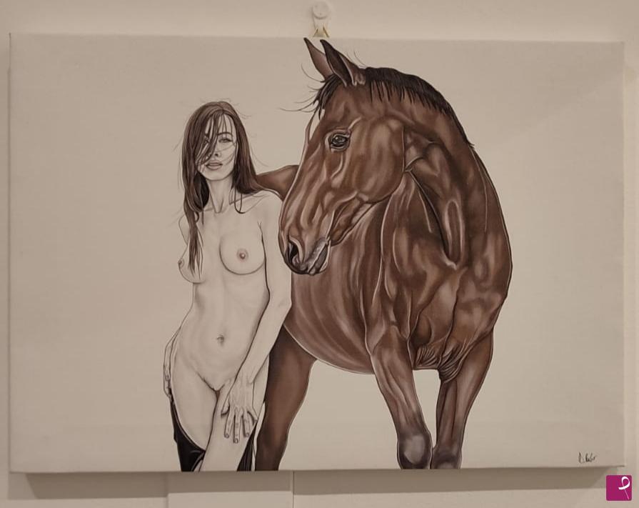 quadri in vendita online - Nudo con cavallo baio