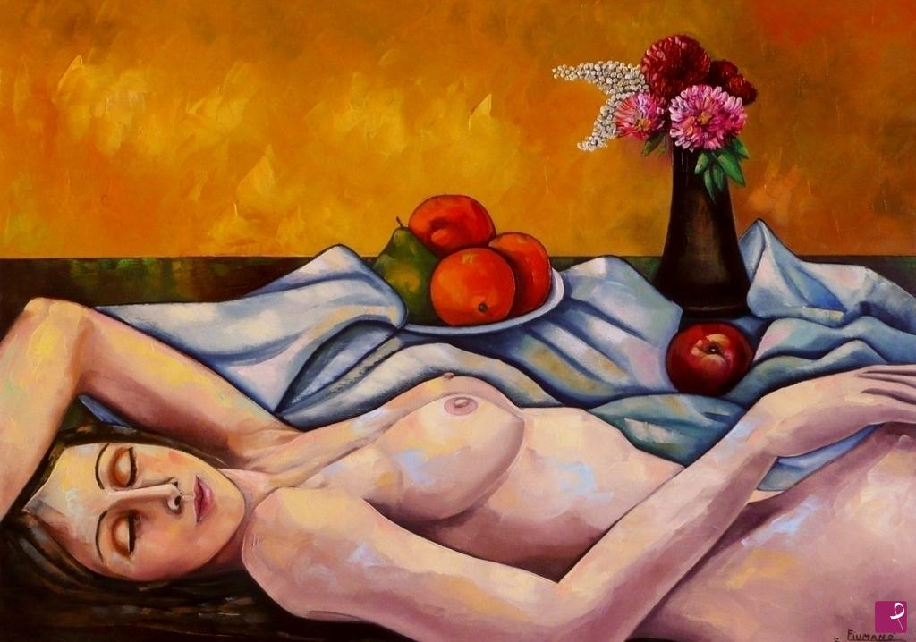 quadri in vendita online - Nudo con vaso di fiori e frutta