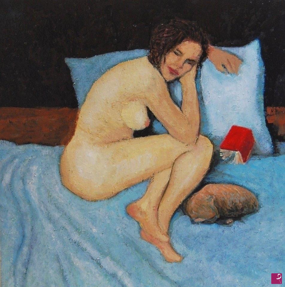 quadri in vendita online - nudo di donna con gatto
