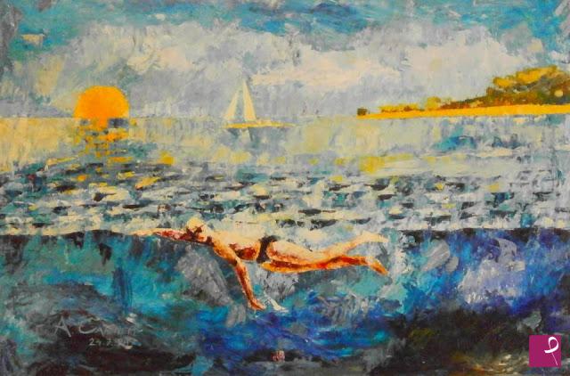 quadri in vendita online - Nuoto verso Bibione, luglio 1998.
