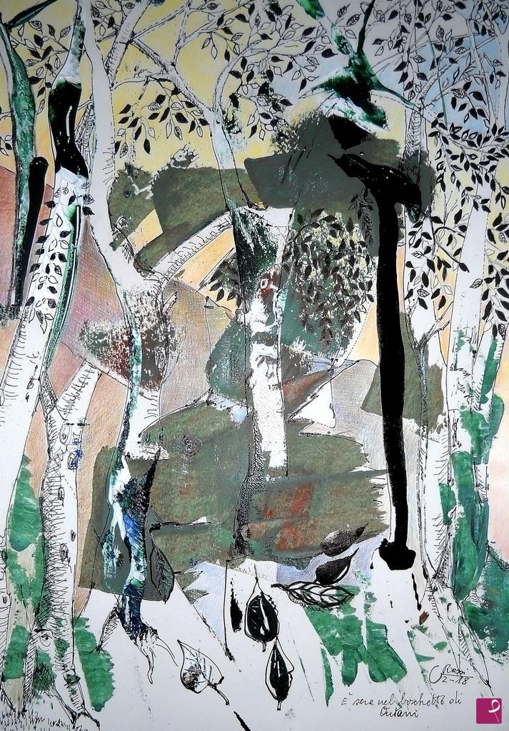 quadri in vendita online - "Occaso nel boschetto di betulle" 33x40 cm su carta