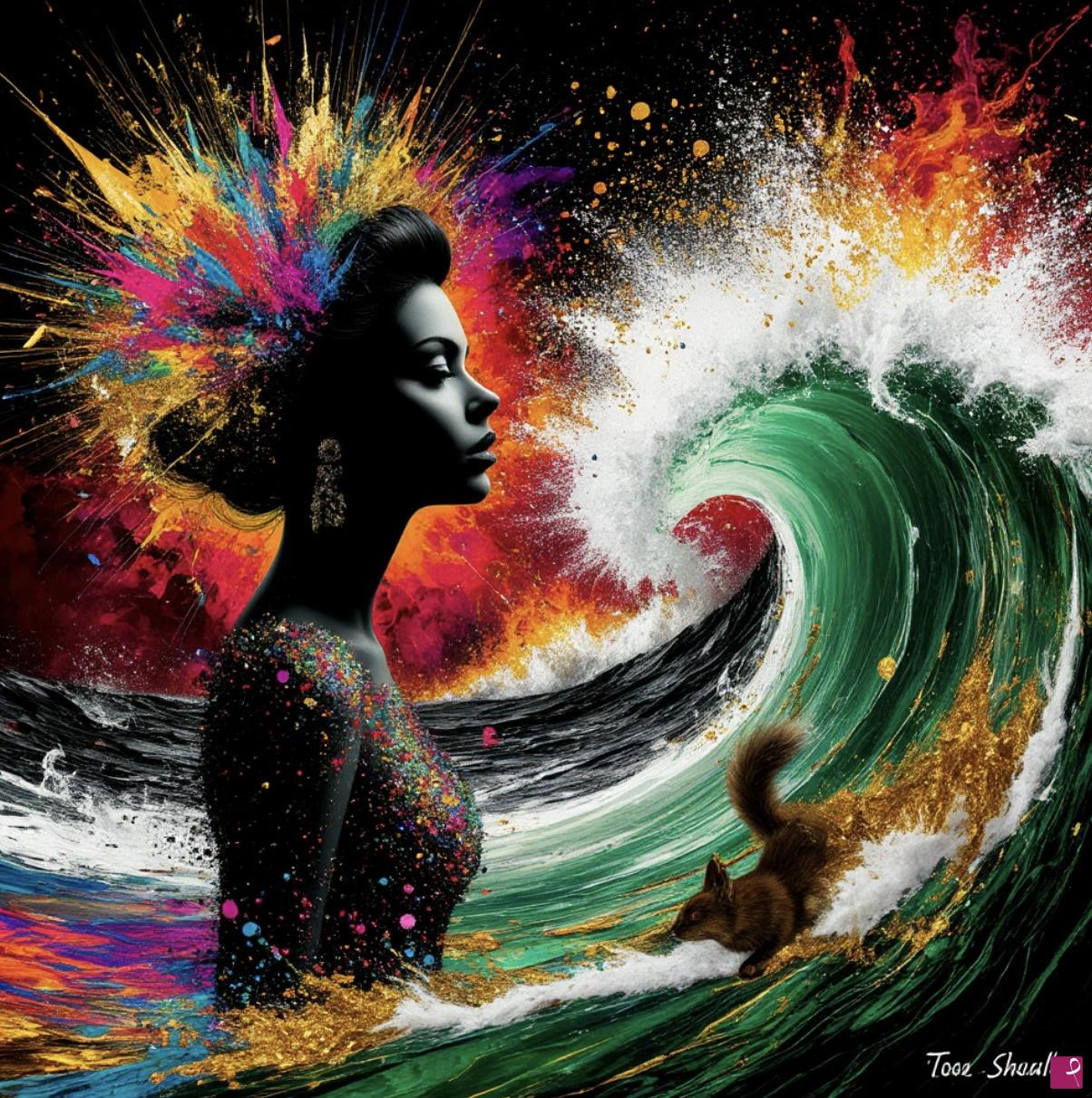 quadri in vendita online - Ocean wave, squirrel,woman