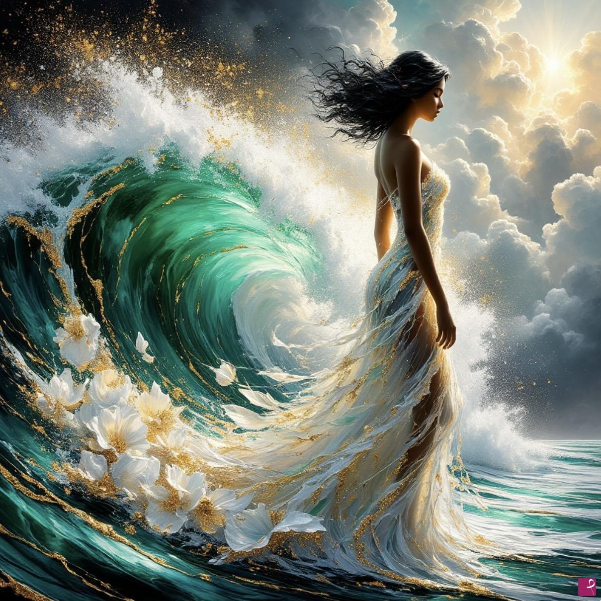 quadri in vendita online - Ocean waves, women, flowers 