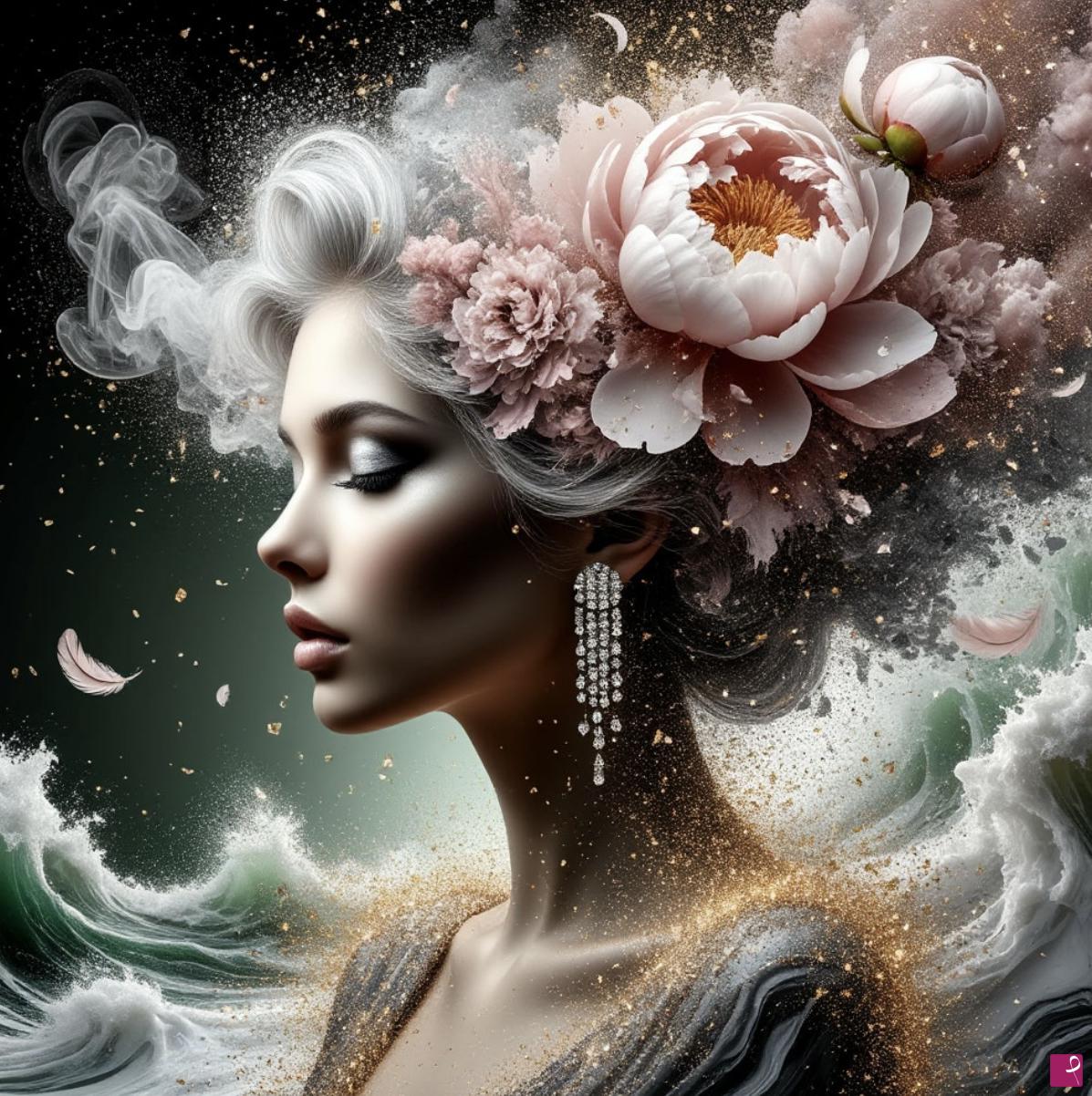quadri in vendita online - Ocean waves,woman with flowers in head