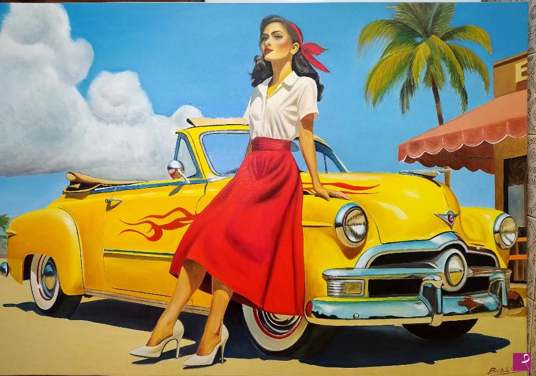 quadri in vendita online - Olio su tela chevrolet custom con pin-up buzzoni filippo