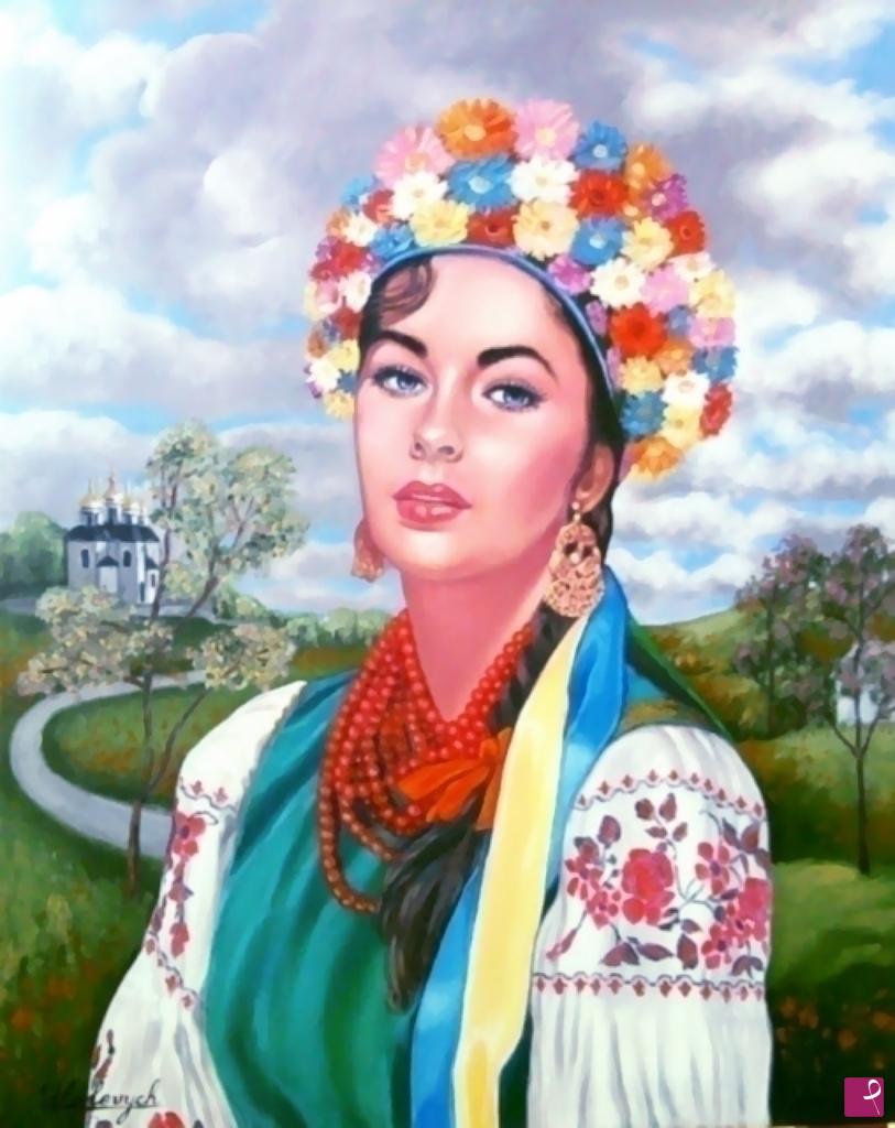 quadri in vendita online - Omaggio a Liz Taylor in costume tradizionale ucraino