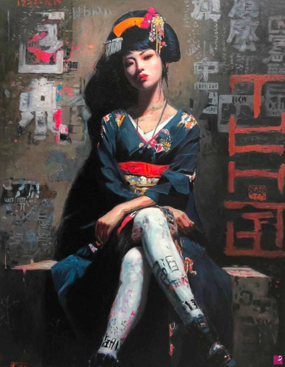 quadri in vendita online - Ombra di geisha nel rumore dei colori