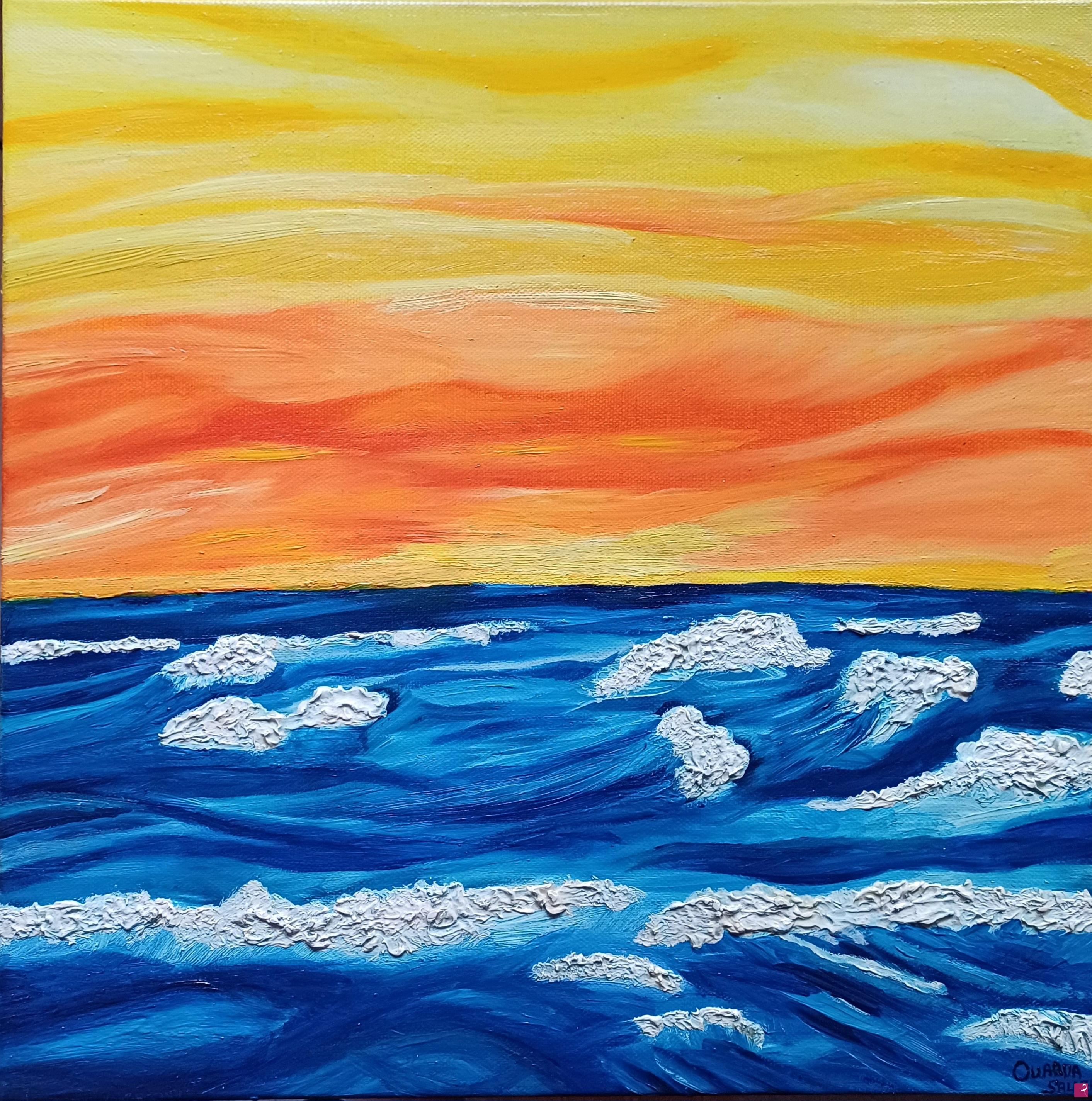 quadri in vendita online - Orange sky over stormy sea 