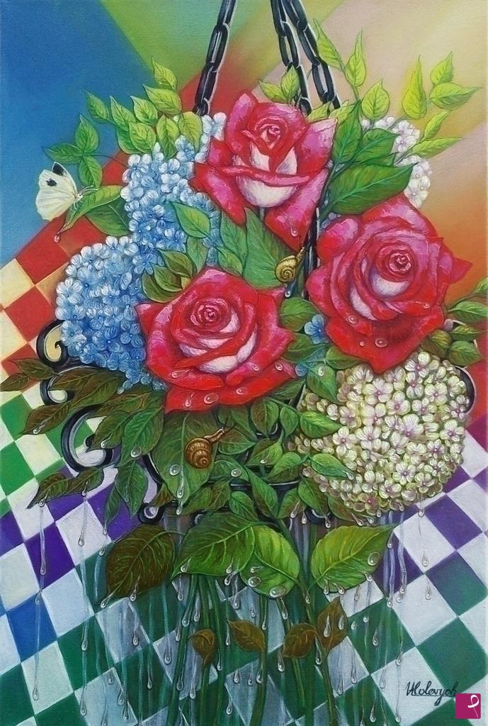 quadri in vendita online - Ortensie e rose dopo un acquazzone