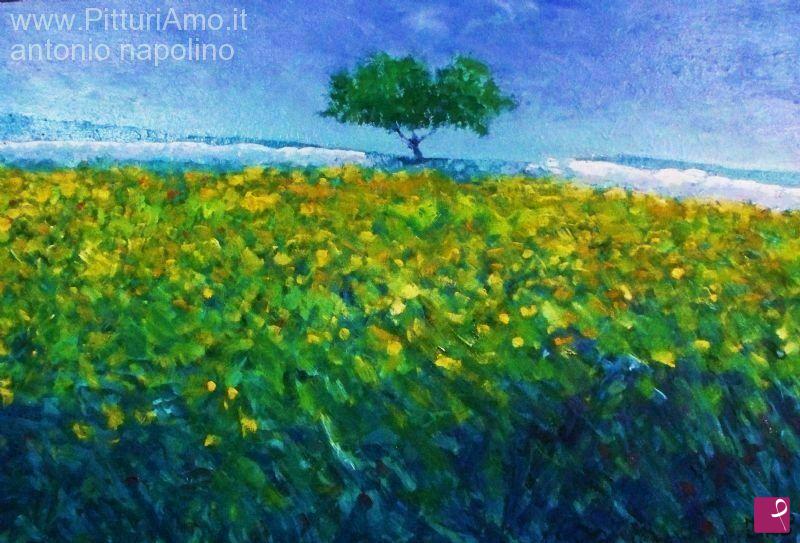 quadri in vendita online - paesaggio con albero e muri a secco