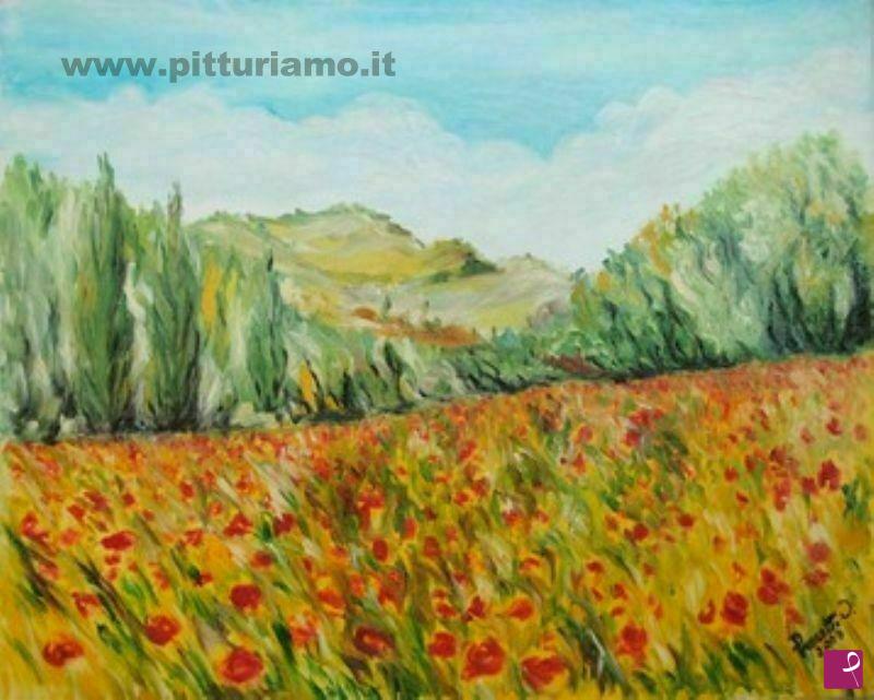 quadri in vendita online - Paesaggio con campo di grano e papaveri