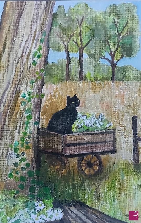 quadri in vendita online - PAESAGGIO CON GATTO NERO