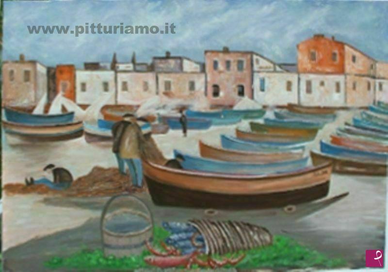 quadri in vendita online - Paesaggio con pescatori e barche