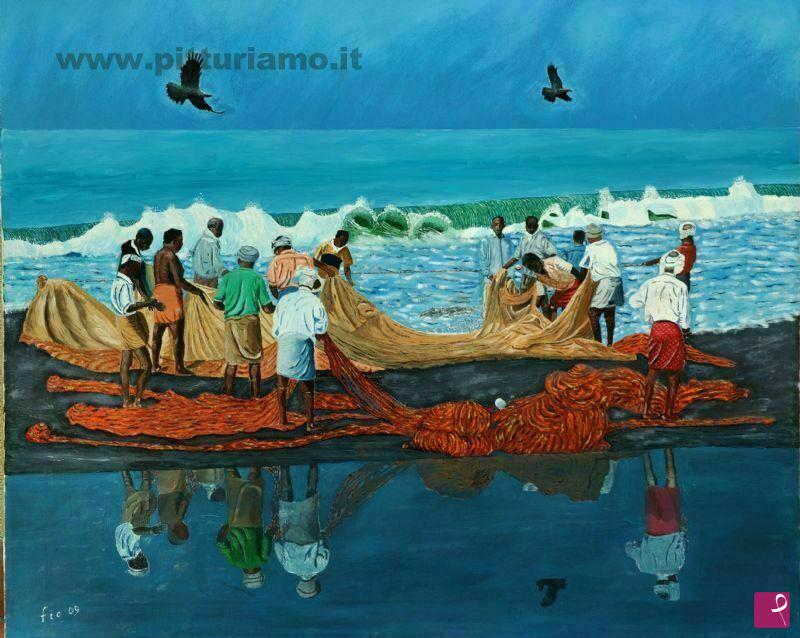 quadri in vendita online - Paesaggio con pescatori e reti