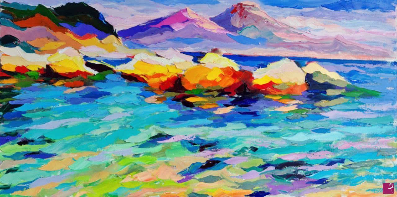 quadri in vendita online - Paesaggio contemporaneo: il Vesuvio da Marechiaro
