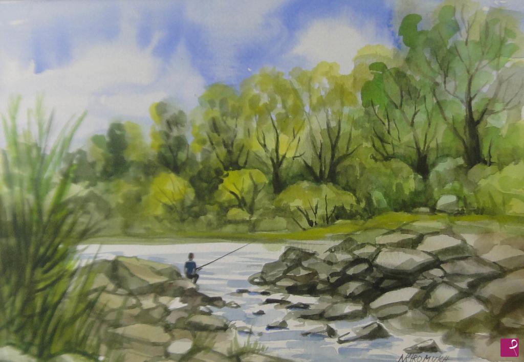 quadri in vendita online - paesaggio di natura con il pescatore