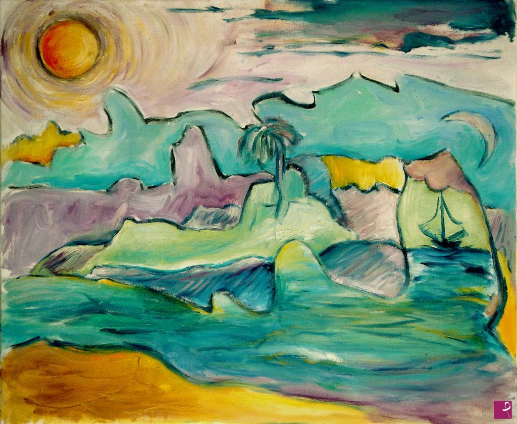 quadri in vendita online - Paesaggio fantasioso con Sole-Luna-Terra-Mare