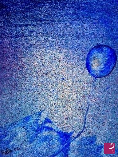 quadri in vendita online - paesaggio in blu con palloncino