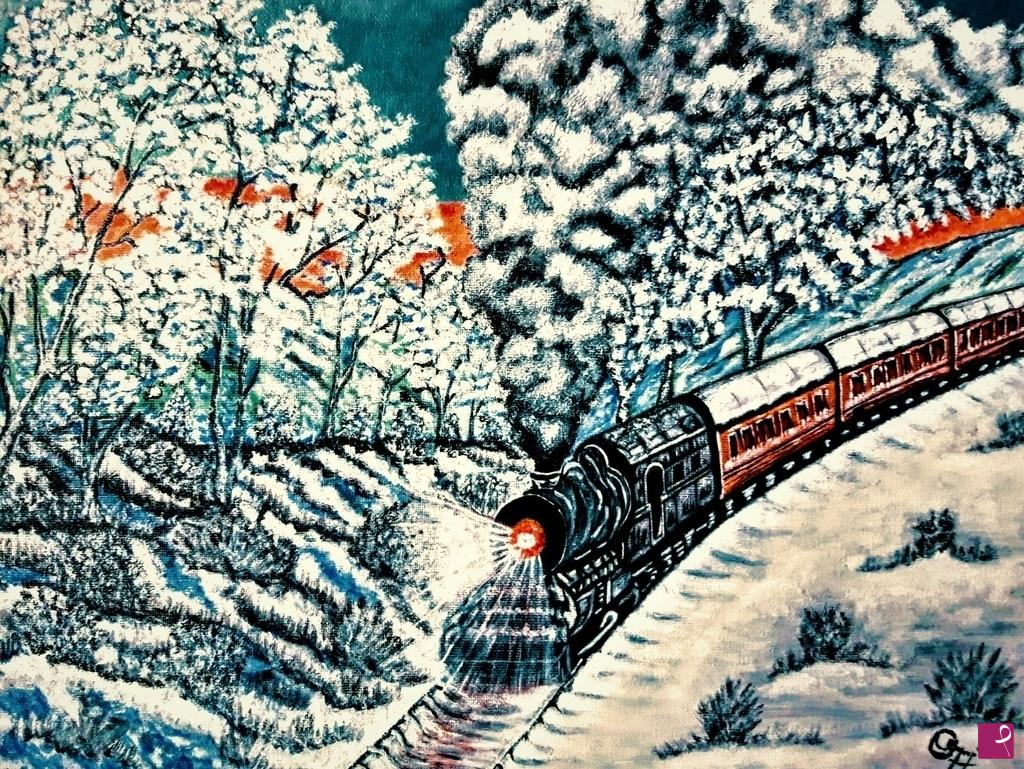 quadri in vendita online - Paesaggio innevato con treno