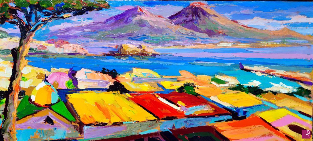 quadri in vendita online - paesaggio mediterraneo: napoli e il vesuvio