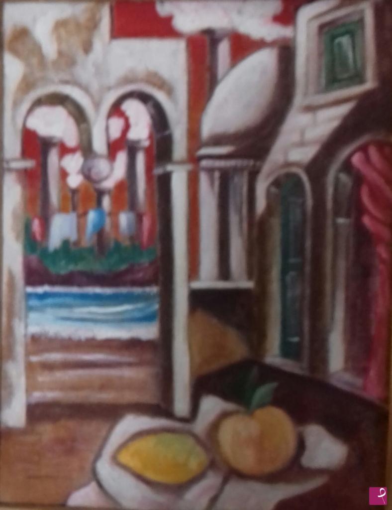 quadri in vendita online - Paesaggio metafisico con frutta