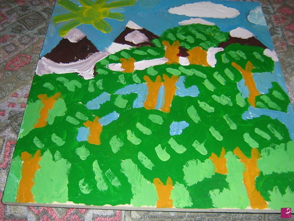 quadri in vendita online - Paesaggio montano con alberi e laghetto