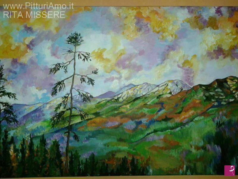 quadri in vendita online - Paesaggio montano immerso nei colori del tramonto
