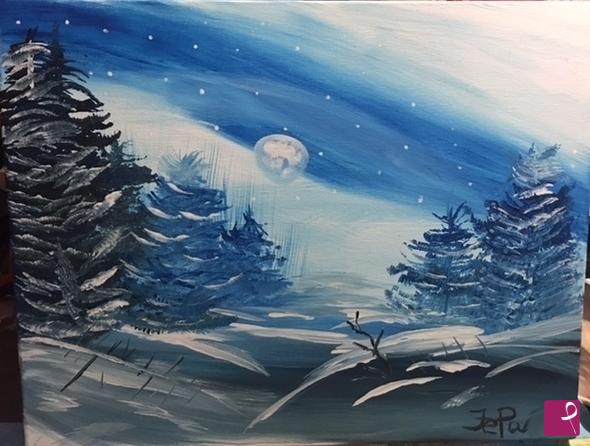 quadri in vendita online - Paesaggio notturno innevato