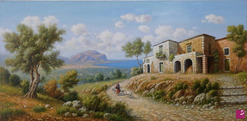 quadri in vendita online - Paesaggio siciliano con monte Pellegrino