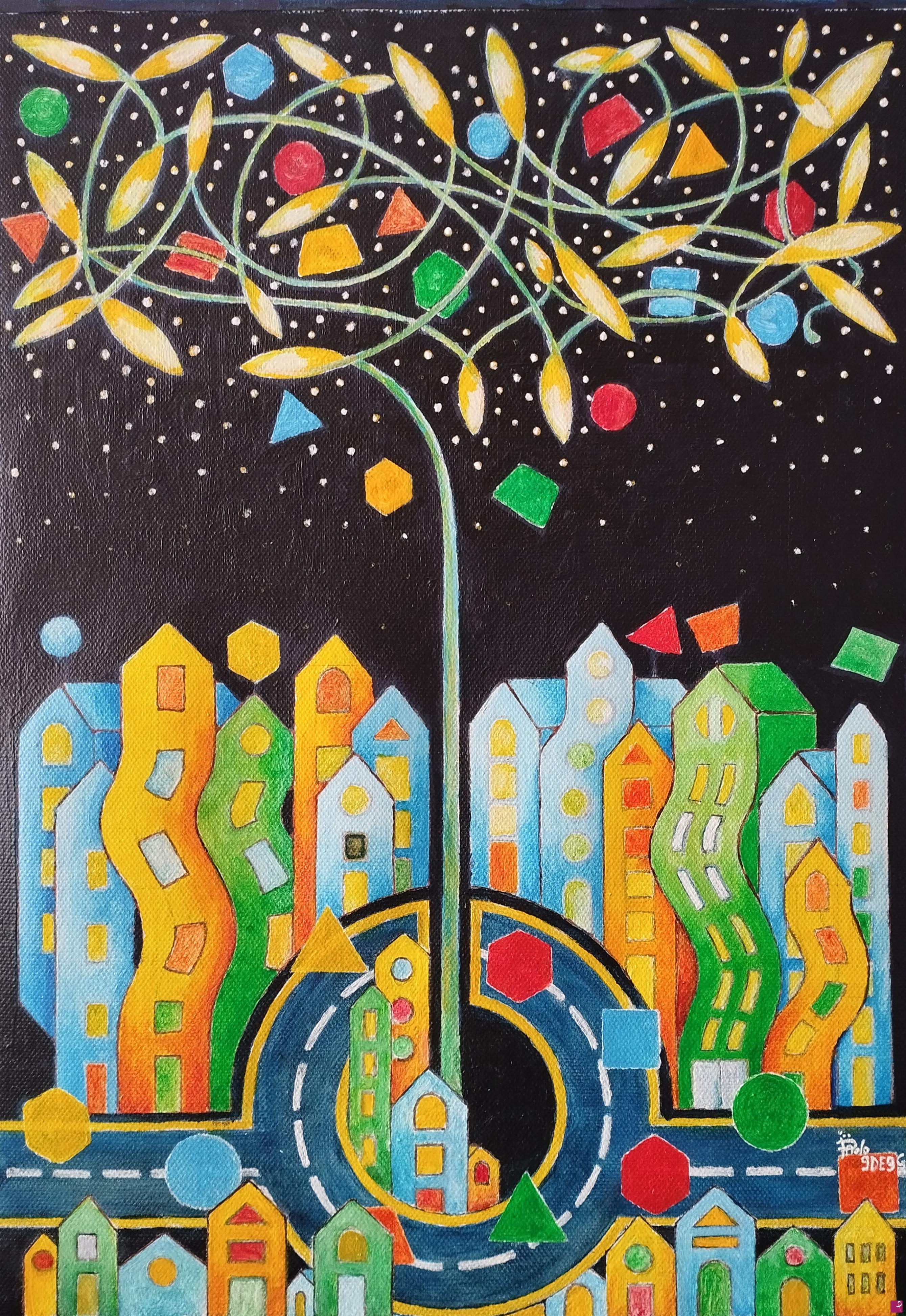 quadri in vendita online - Paesaggio urbano con albero luminoso